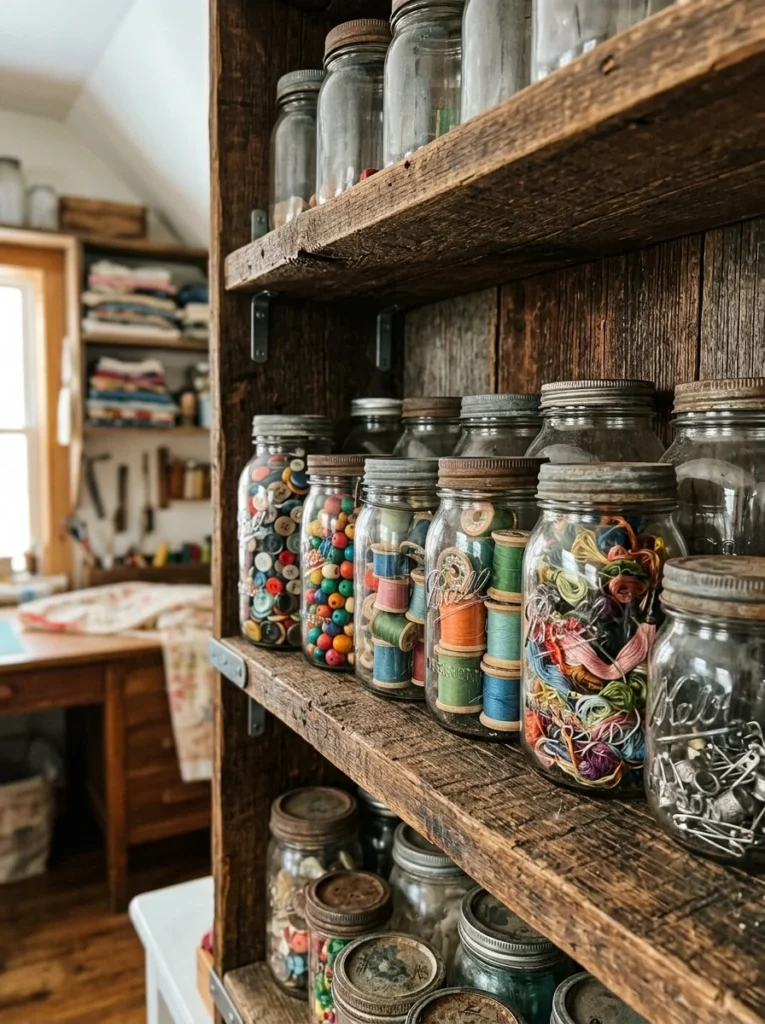 Mason jars organizing buttons, beads, ribbons, and thread in a vintage craft room.