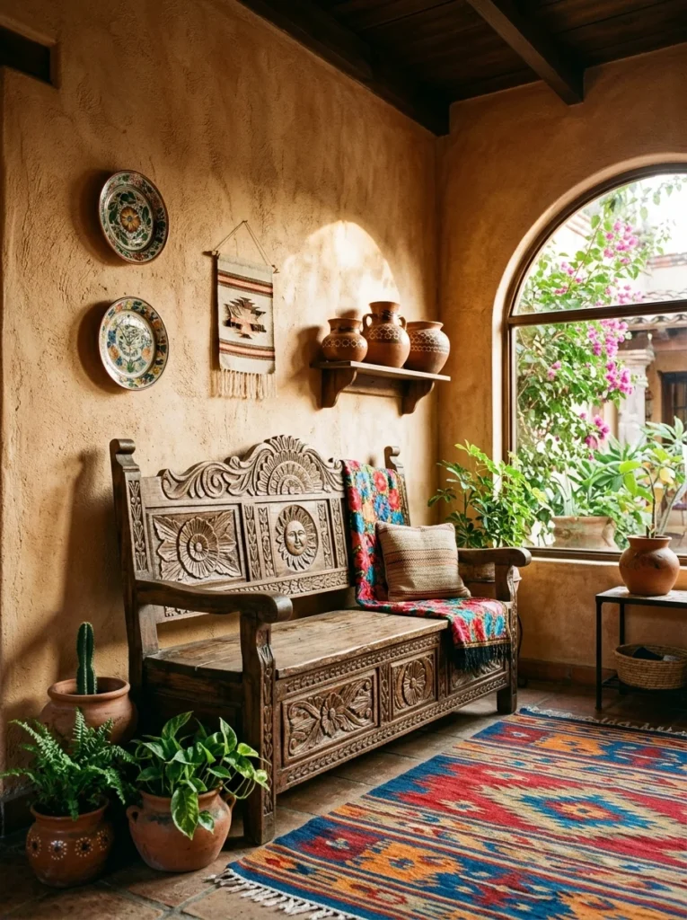 Hand-carved wooden bench in a Mexican-inspired home.