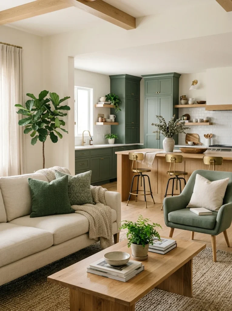 Sage green accents repeated between an open kitchen and living room for visual connection.