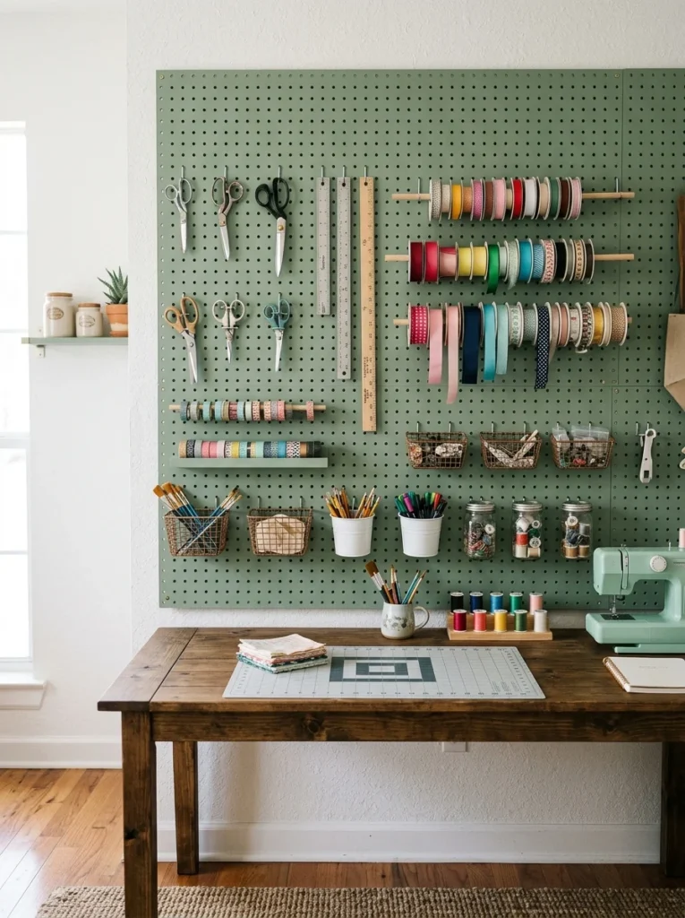 Pegboard wall organizing craft room tools.