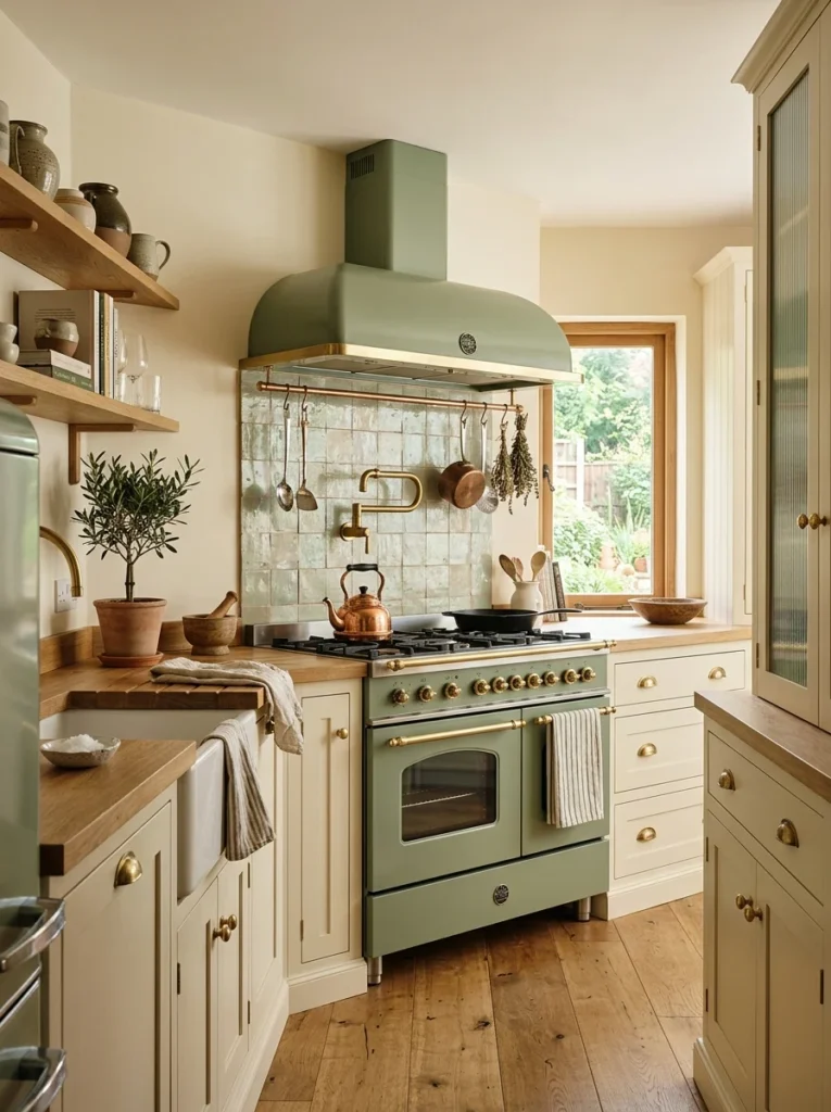Sage green vintage-style range adding bold personality to a modern kitchen.