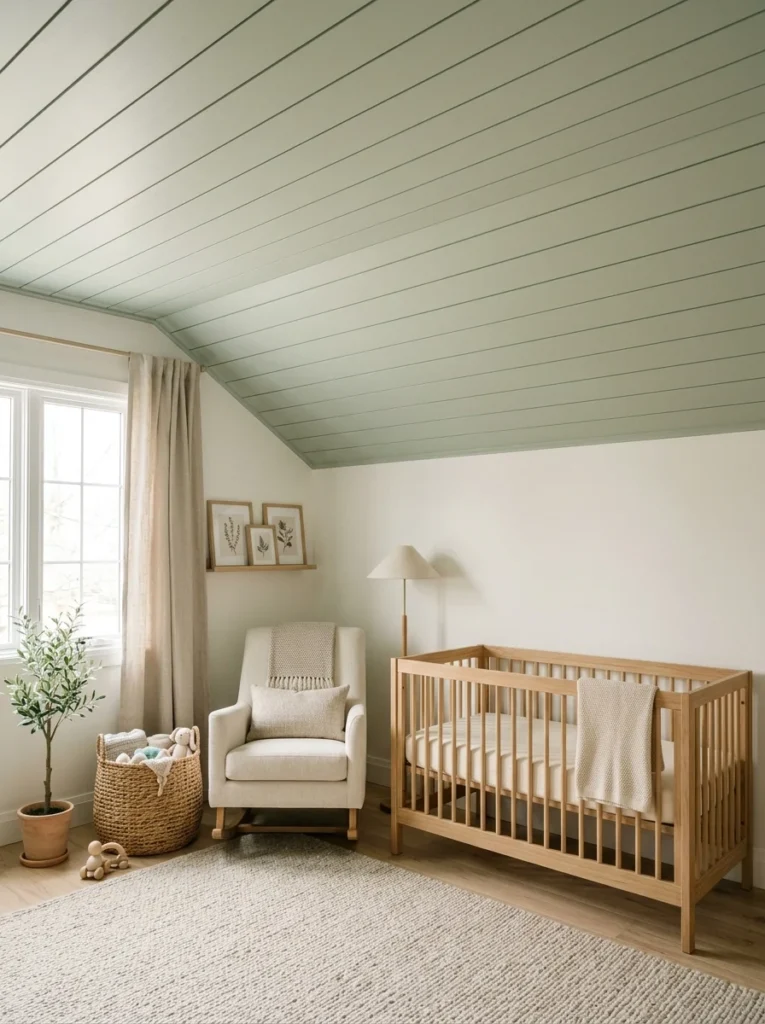 Pale sage green shiplap ceiling adding calming texture to a modern nursery.