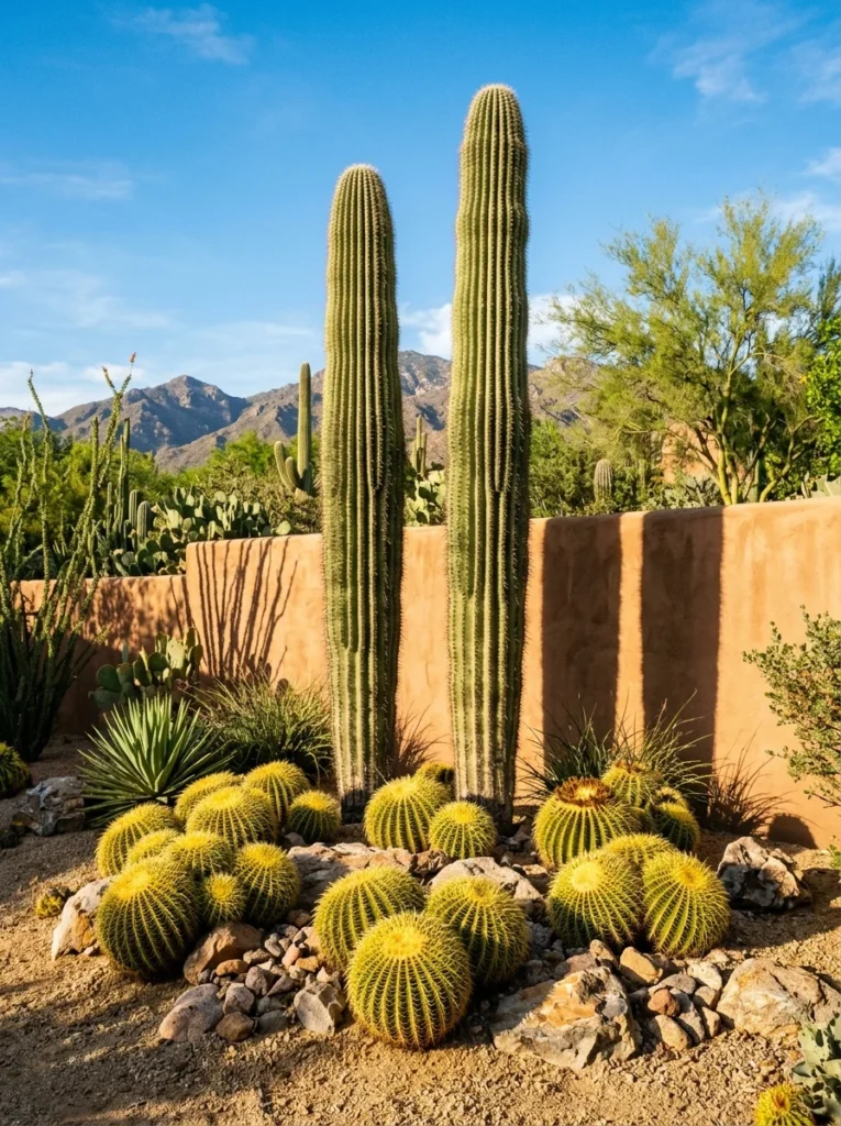 Saguaro and golden barrel cacti grouped as a desert backyard focal point.