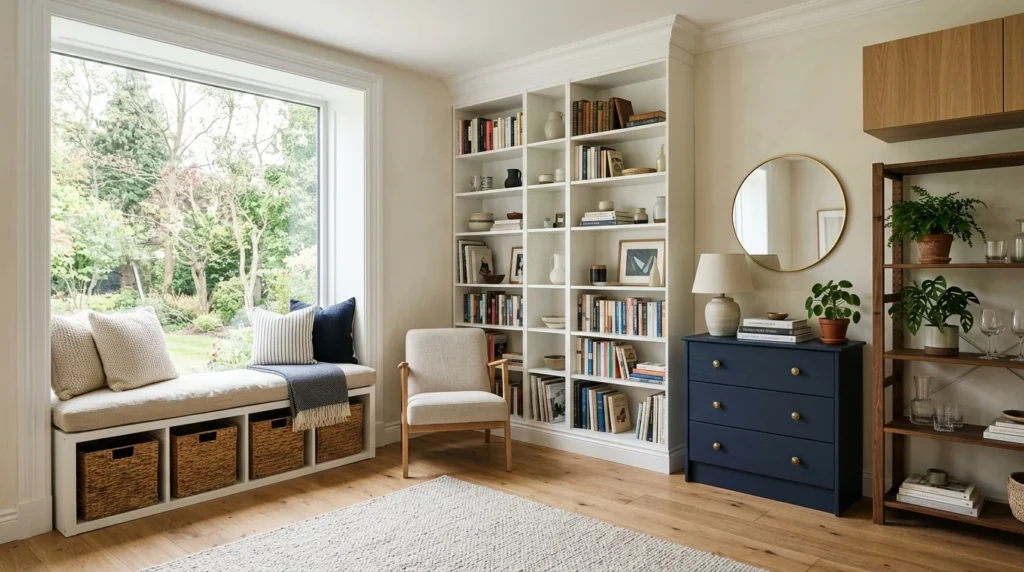 Designer-inspired IKEA hacks including custom bookcases, window seat, dresser makeover, and floating storage.