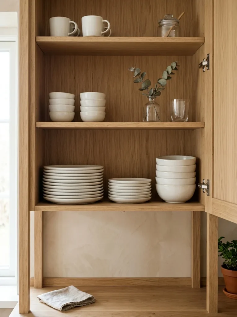 Scandinavian kitchen using empty wall space to create a calm and open feeling.