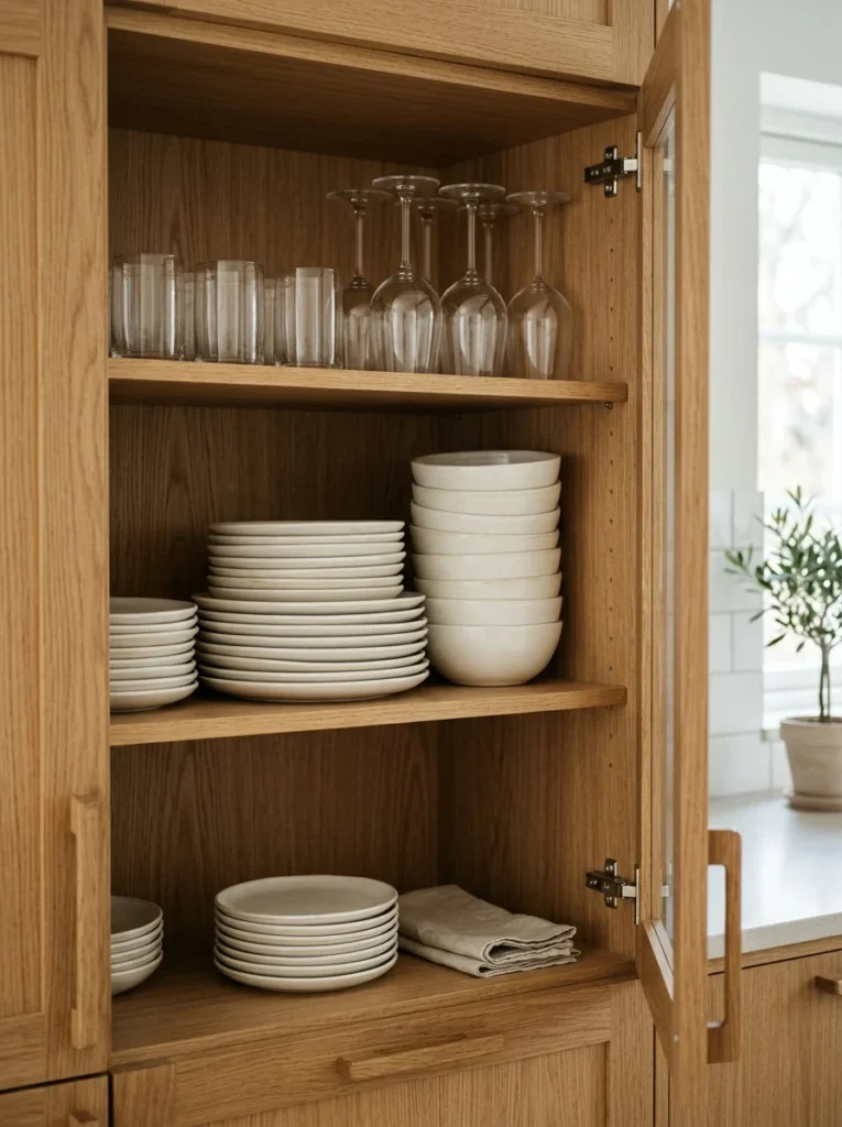 Matching ceramic dish set neatly organized inside a Scandinavian kitchen cabinet.