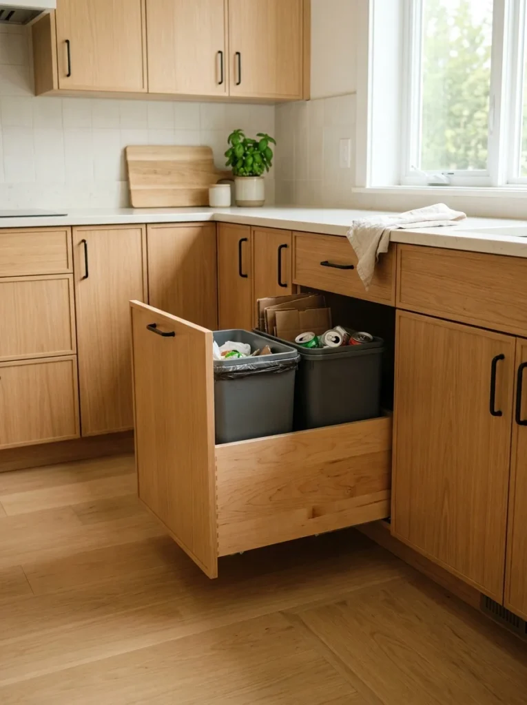Trash and recycling bins hidden inside a Scandinavian kitchen pull-out cabinet.