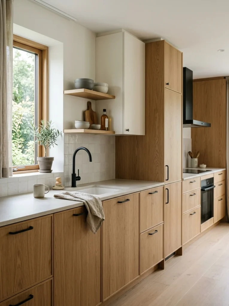 Scandinavian kitchen with soft matte cabinets and non-glossy finishes.