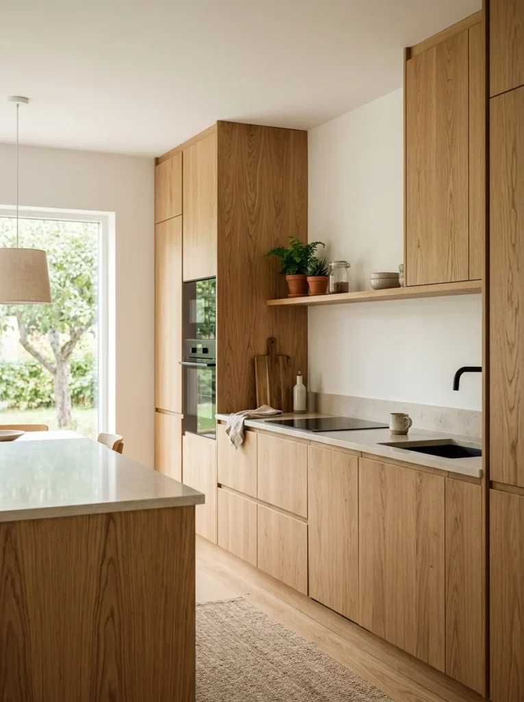 Scandinavian kitchen featuring simple flat-panel natural wood cabinet fronts.