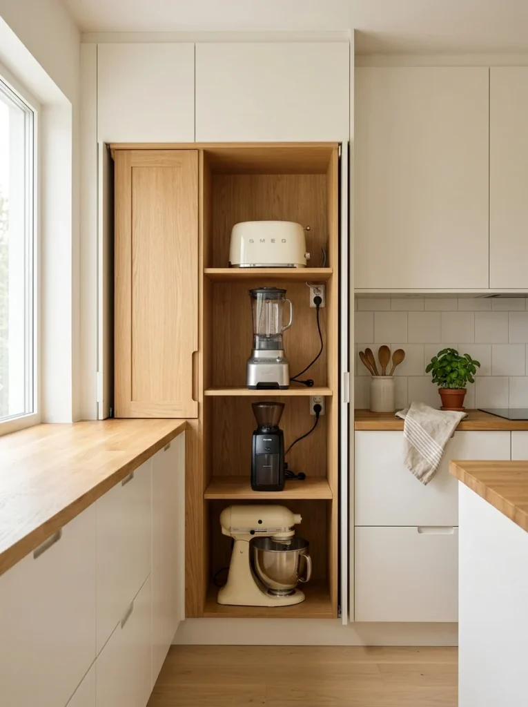 Small kitchen appliances neatly stored inside a Scandinavian kitchen cabinet.