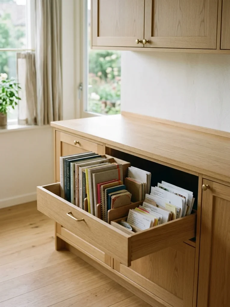 Cookbooks and household papers stored neatly inside a Scandinavian kitchen drawer.