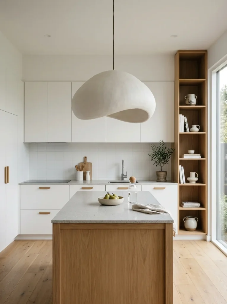 Scandinavian kitchen featuring one statement pendant light above the island.
