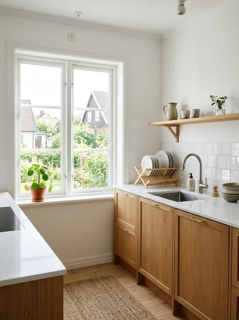 Scandinavian kitchen with a bare window and abundant natural daylight.