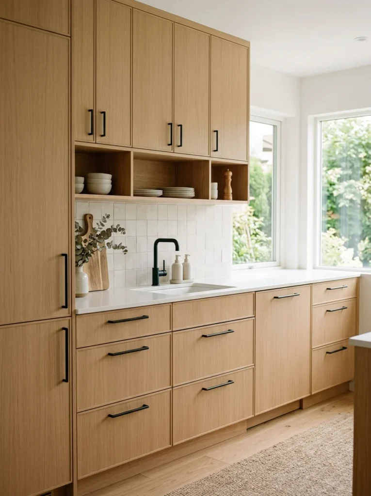 Scandinavian kitchen with consistent matte black cabinet hardware.