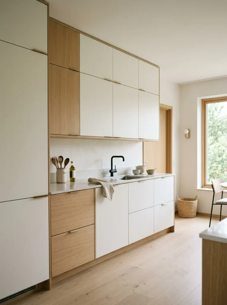 Clutter-free Scandinavian kitchen with streamlined closed cabinet storage.