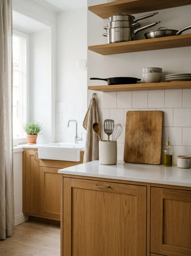 Functional Scandinavian kitchen decorated only with useful everyday items.