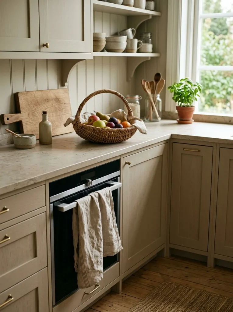 : Scandinavian kitchen softened with a woven basket and natural linen textures.