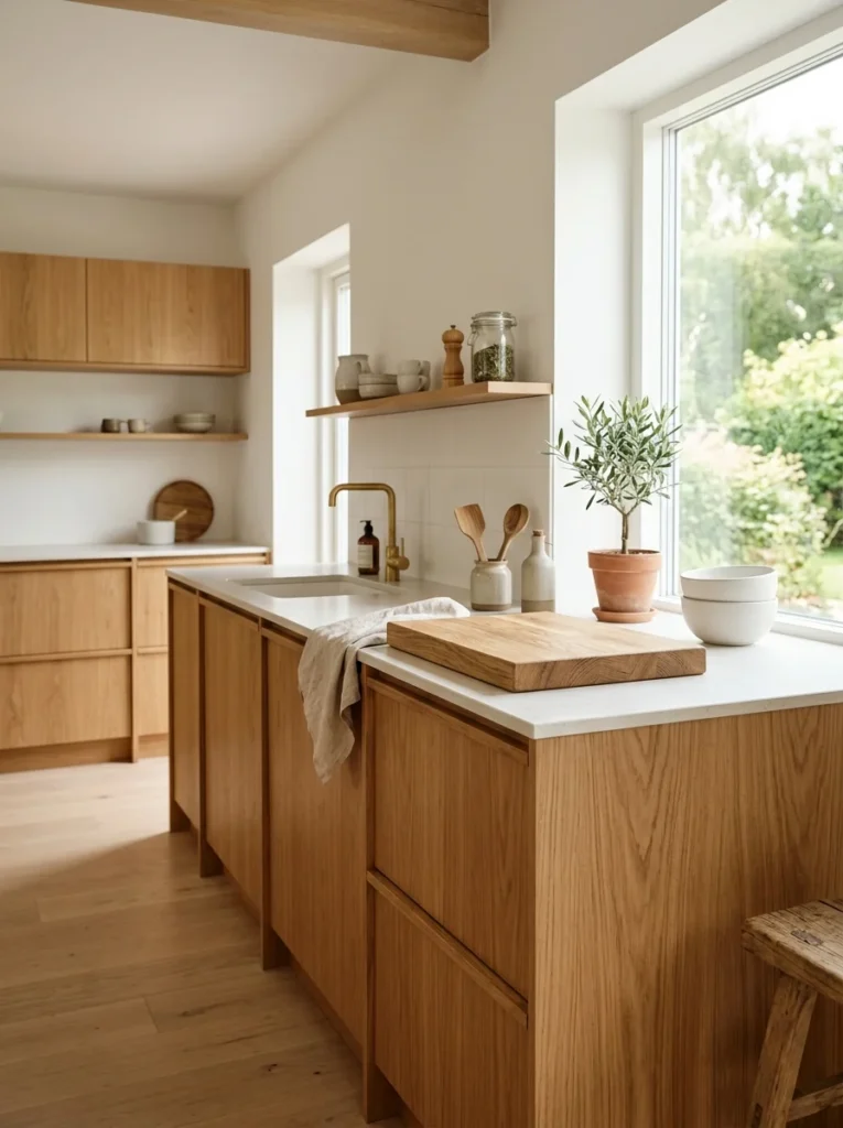 Scandinavian kitchen warmed by natural oak cabinets and wood accessories.