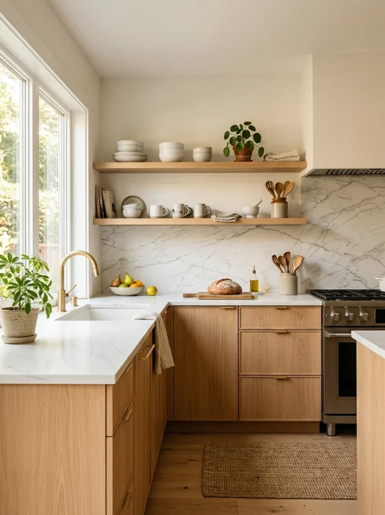 Light oak slab kitchen cabinets with Scandinavian styling.