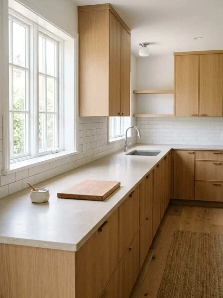 Scandinavian kitchen with nearly empty countertops and minimal decor.