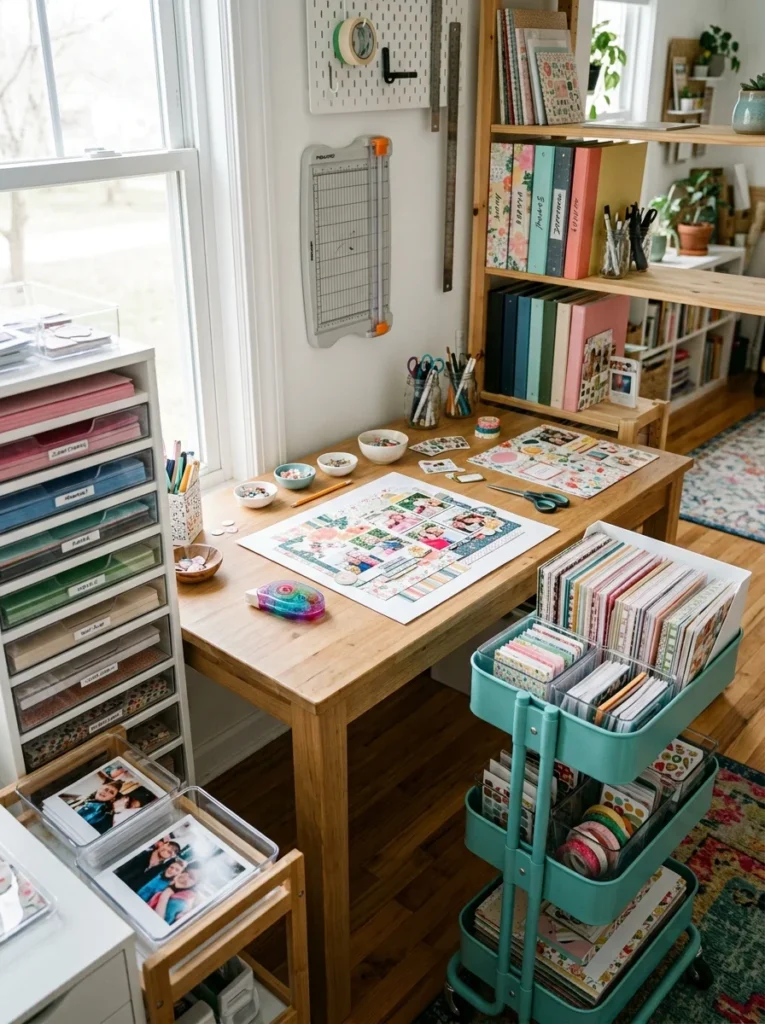Organized scrapbooking station with paper storage, rolling cart, photo supplies, and finished albums.