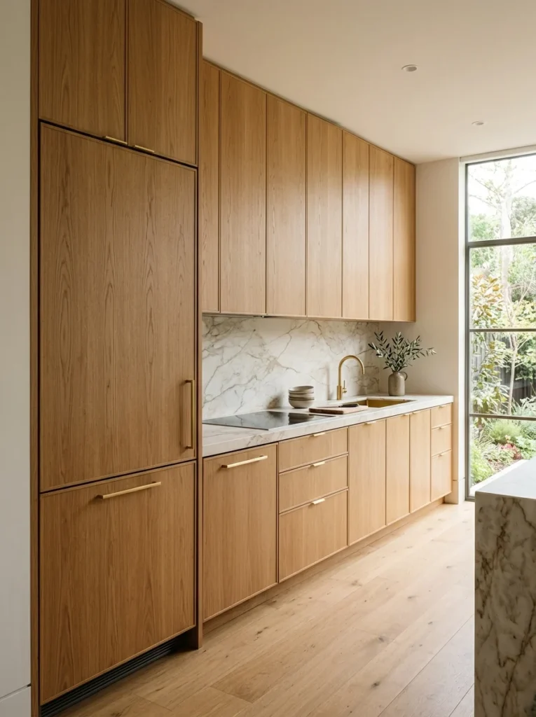 Integrated kitchen appliances hidden behind matching warm wood cabinet panels.