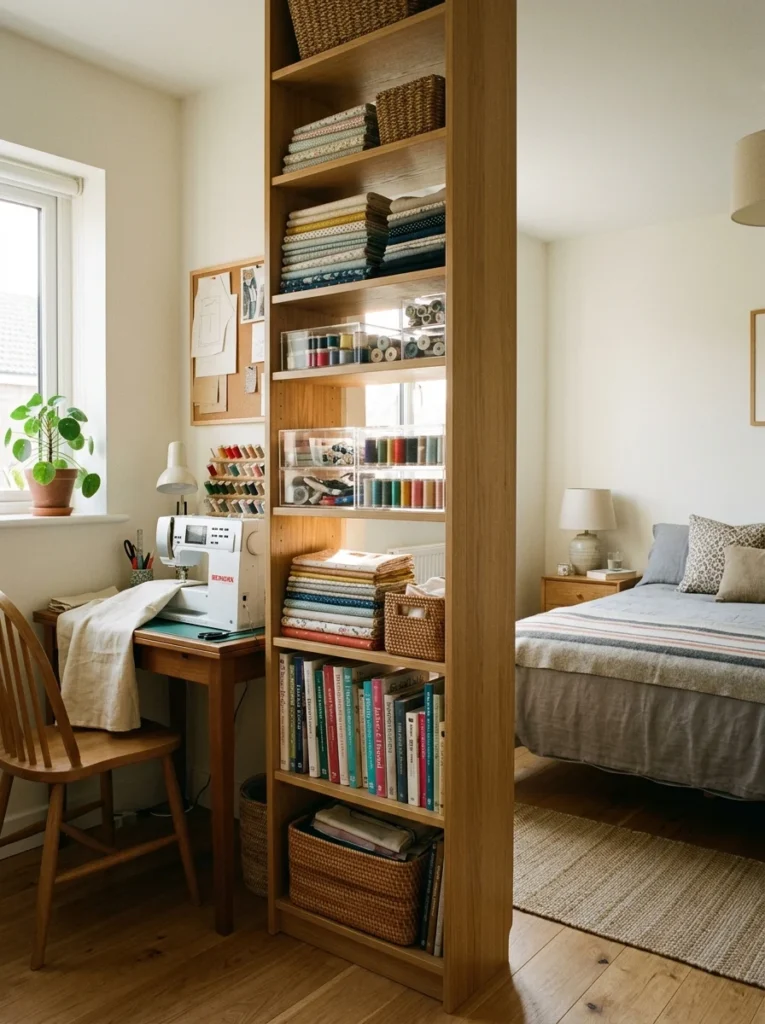 Slim open bookshelf separating a sewing corner from a guest bedroom.