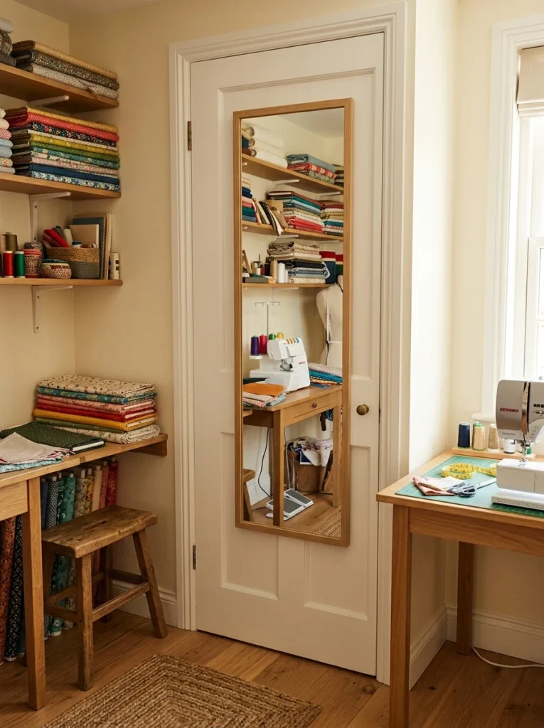 Wall-mounted wooden spool rack organizing sewing thread by color.