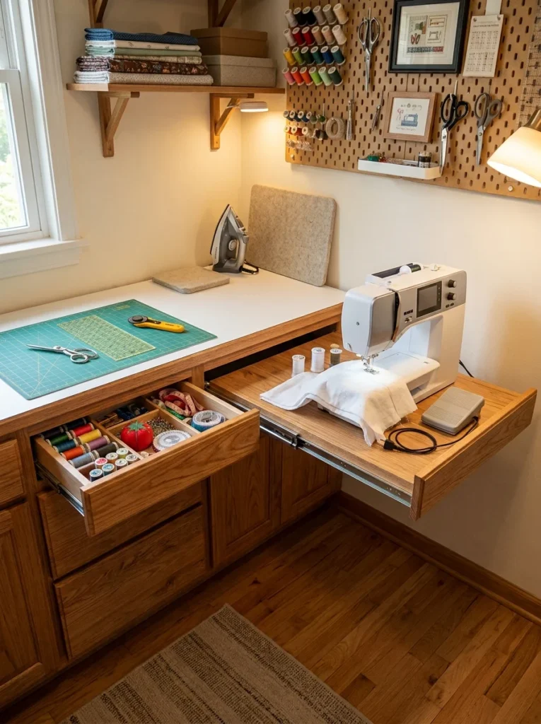 Sewing machine stored on a pull-out cabinet platform in a small craft space.