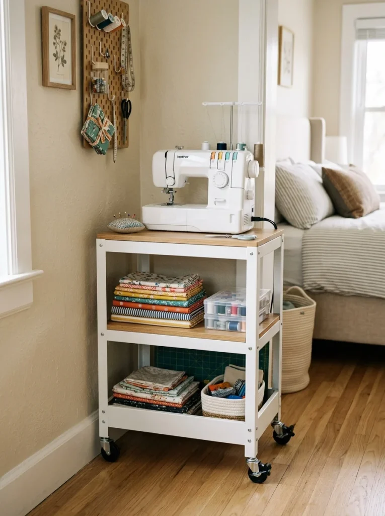 Rolling sewing machine cart providing movable storage and workspace.