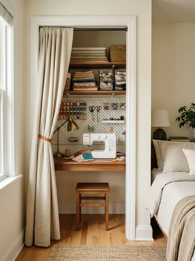 Linen curtain separating a compact sewing nook from a guest bedroom.
