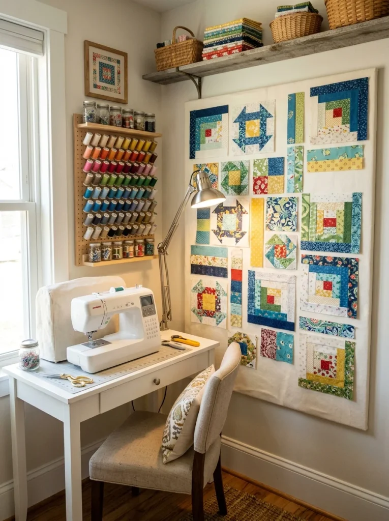 Flannel-covered design wall displaying quilt pieces in a small sewing room.