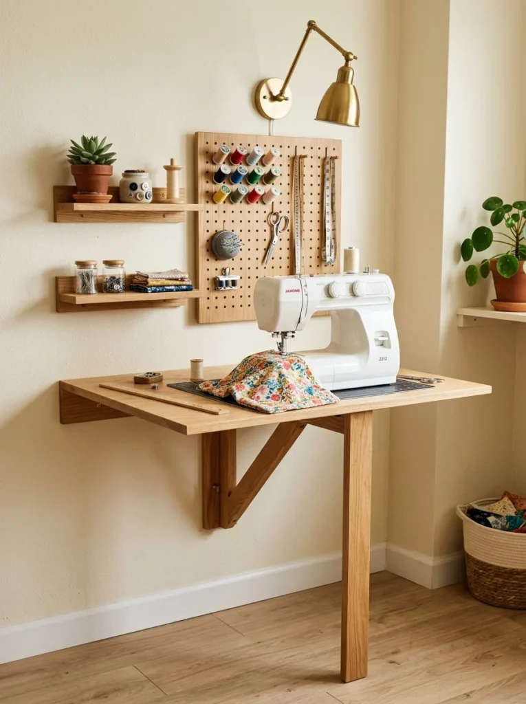 Wall-mounted fold-down sewing table in a compact sewing room.