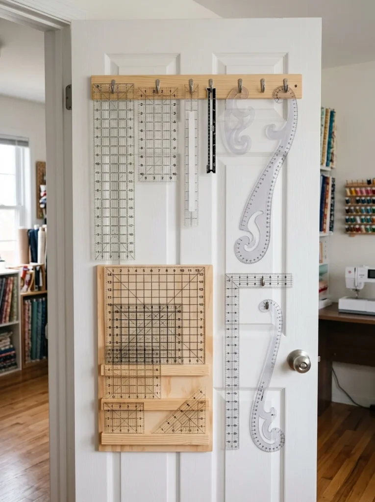 Quilting rulers and templates stored on the back of a sewing room door.