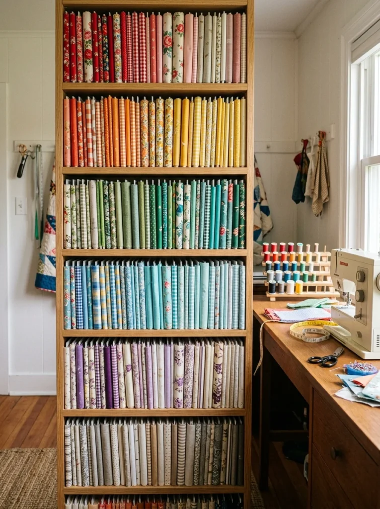 Fabric stored vertically on shelves in a small sewing room.