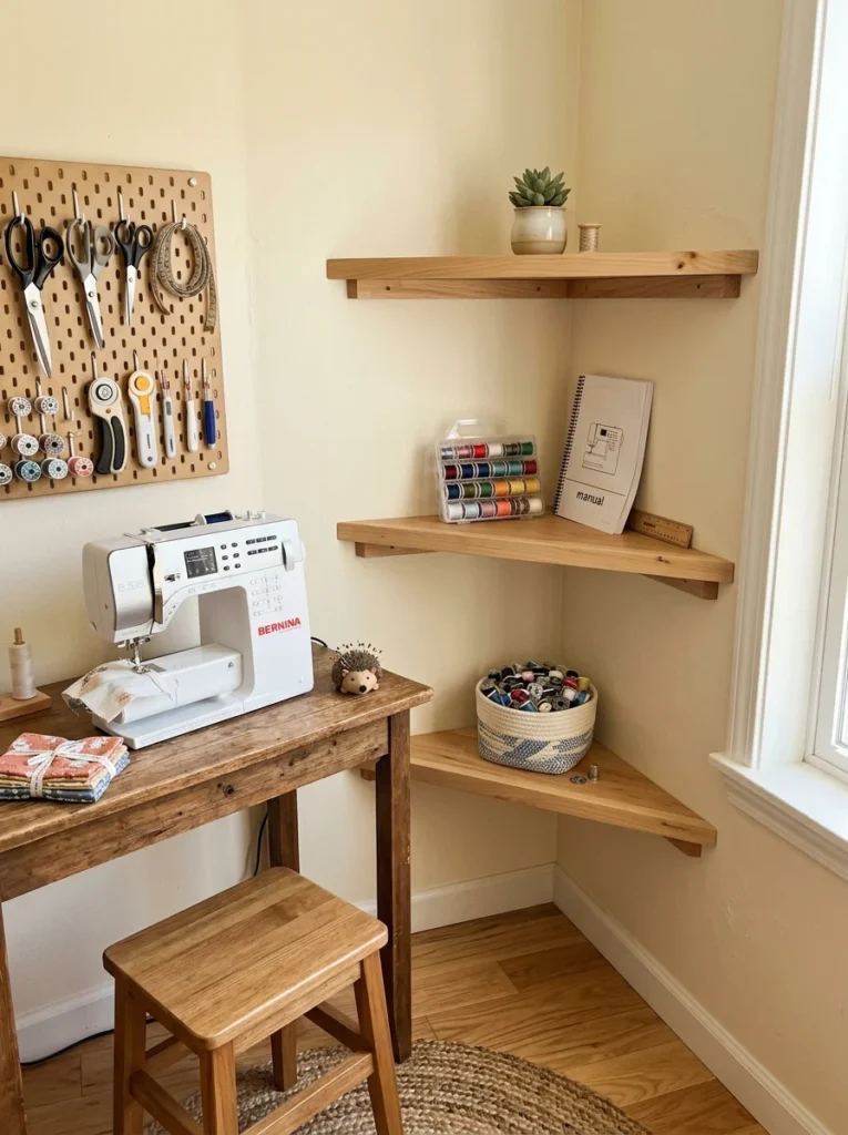 Custom corner shelves using awkward space for sewing room storage