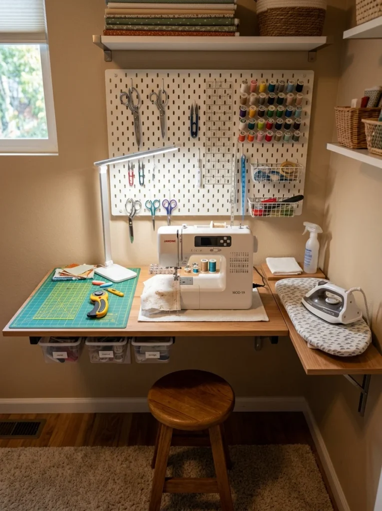 Small sewing room arranged around cutting, sewing, and pressing workflow.