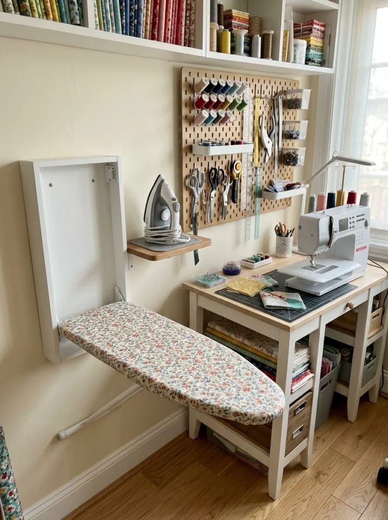 Compact wall-mounted fold-out ironing board in a small sewing space.