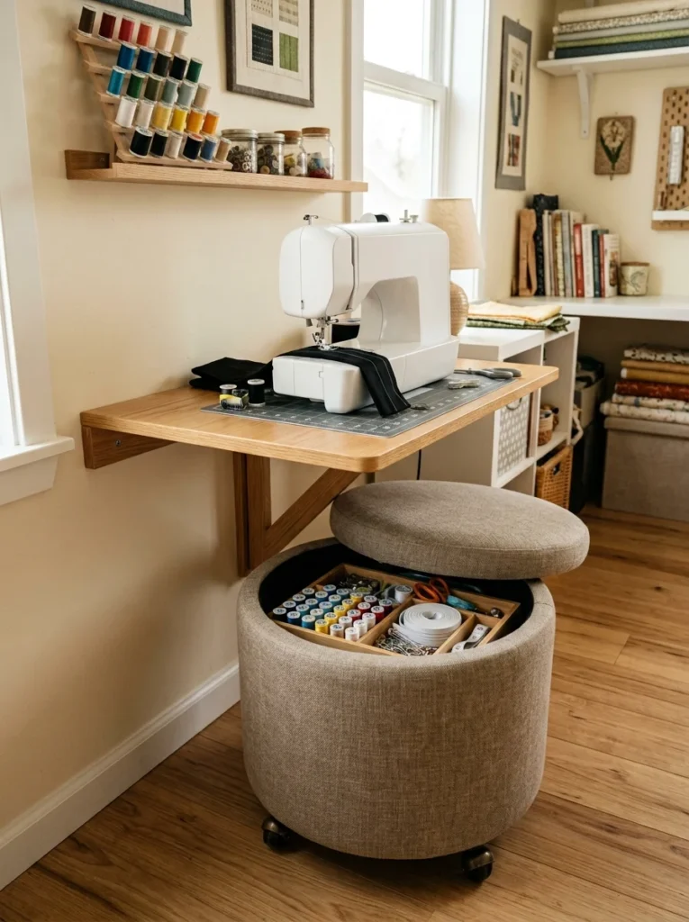 Rolling storage ottoman tucked underneath a small sewing table.