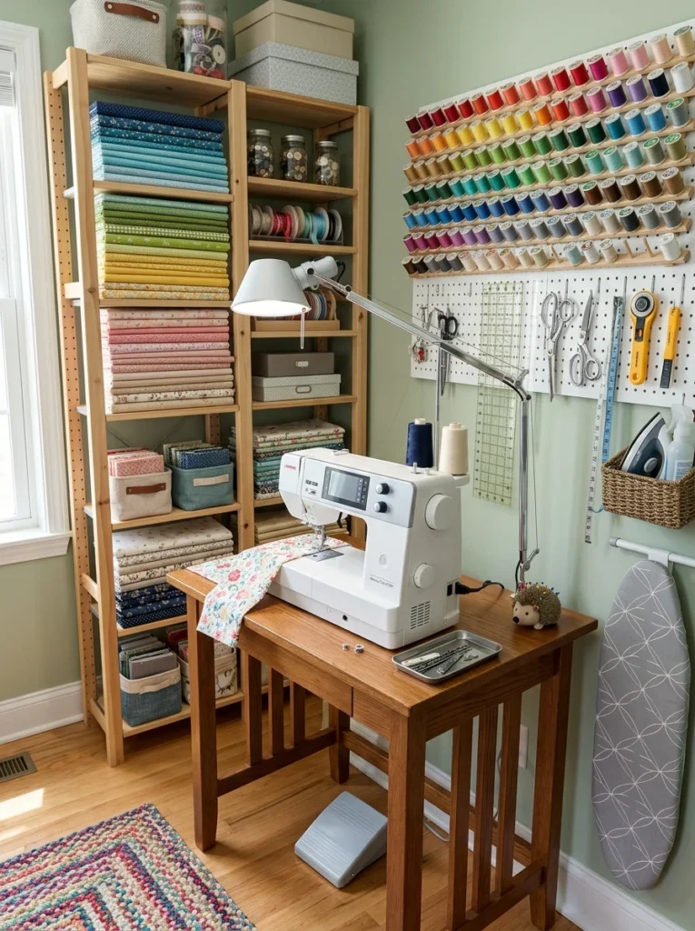 Organized sewing station with sewing machine, color-sorted fabric shelves, thread storage, and task lighting.