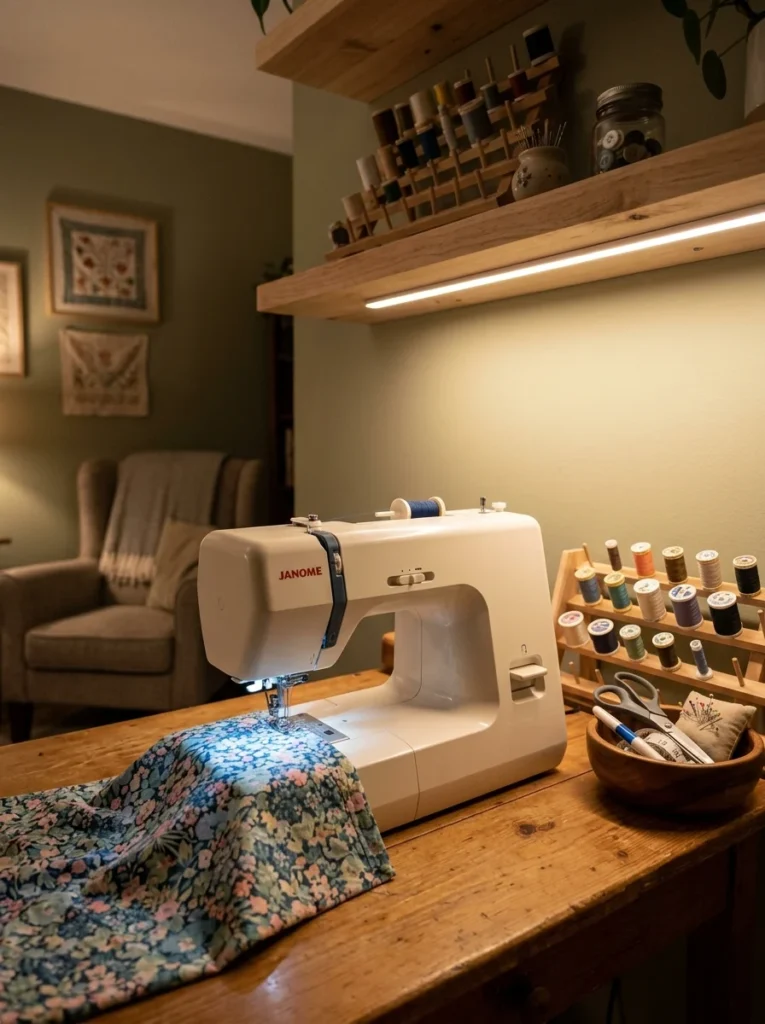 Under-shelf LED task lighting illuminating a small sewing workstation.