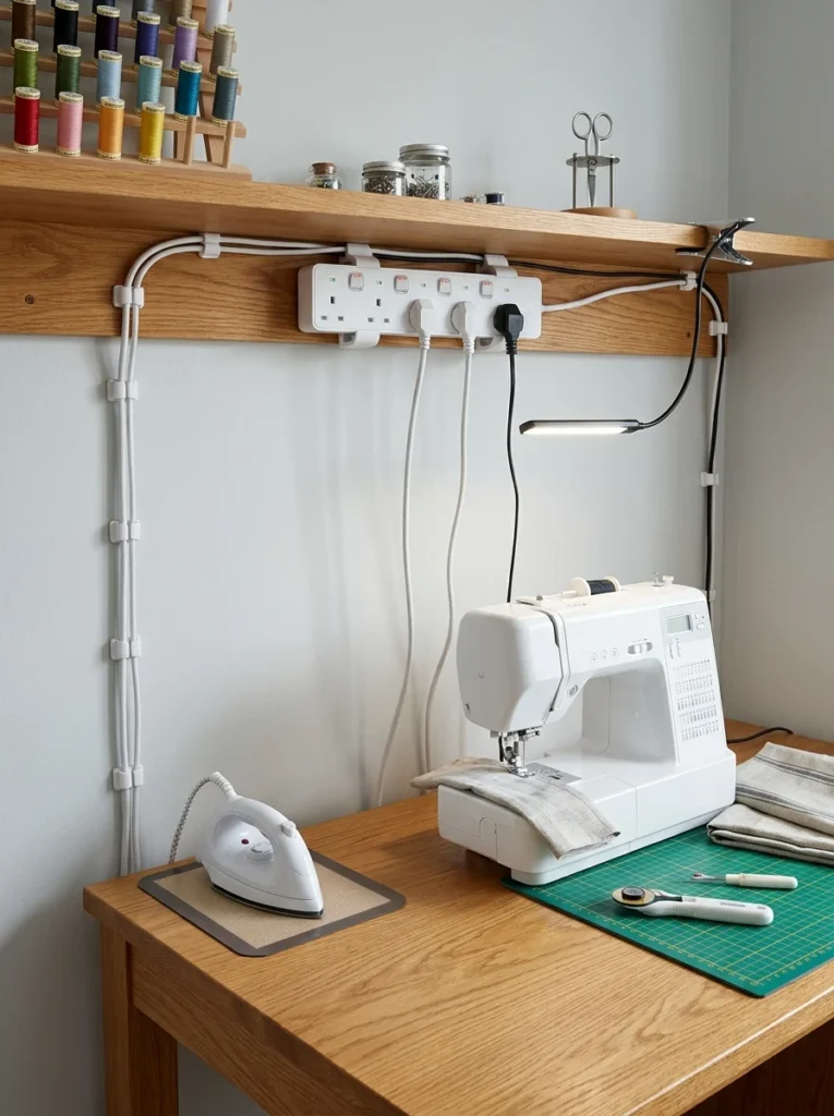 Mounted power strip organizing sewing machine, iron, and task light cords.