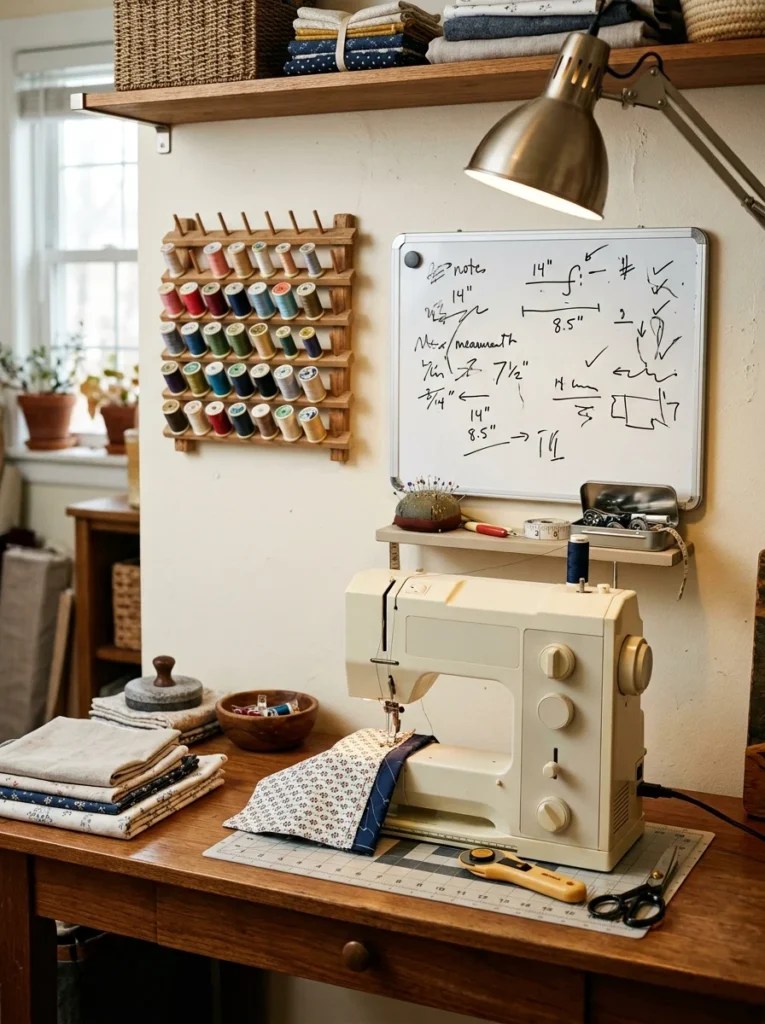 Small project whiteboard mounted beside a sewing machine workspace.