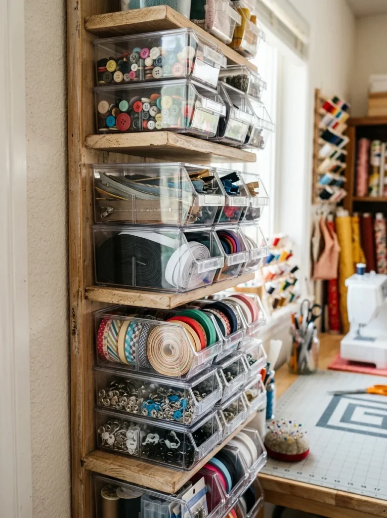 lear stackable bins organizing buttons, zippers, elastic, and sewing notions.