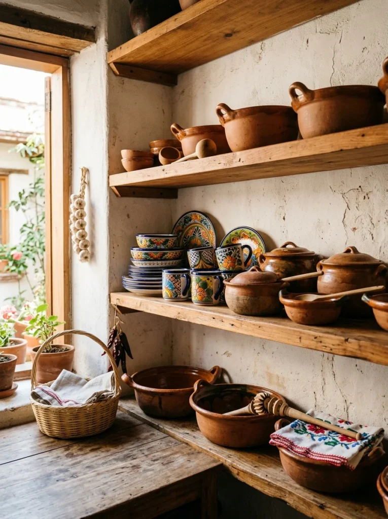 itional clay cazuela pots displayed on kitchen shelves.
