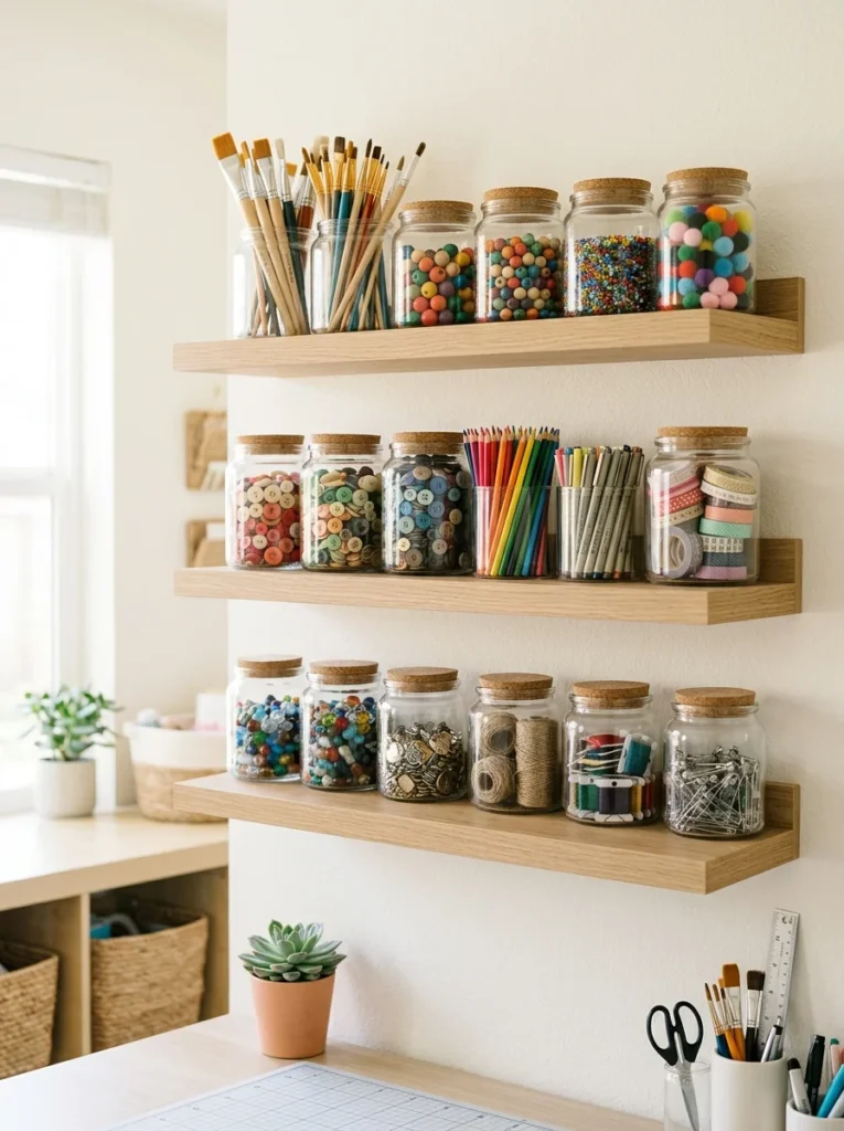 Glass jars organizing small craft supplies.