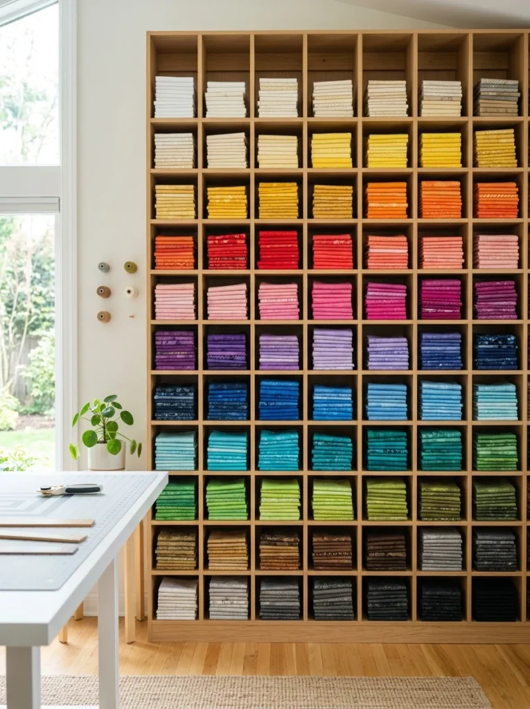 Folded fabric organized by color inside cubby shelves.