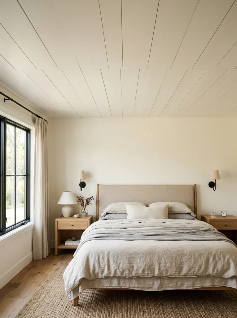 Wide-plank white shiplap ceiling creating a clean modern farmhouse bedroom.