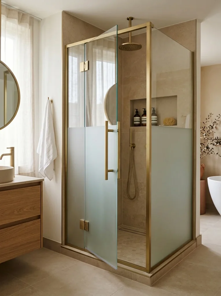 Frosted glass shower panels balancing privacy and natural light.