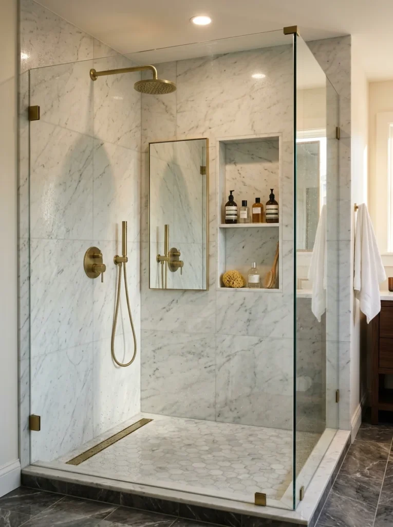 Anti-fog mirror installed inside a luxury shower.